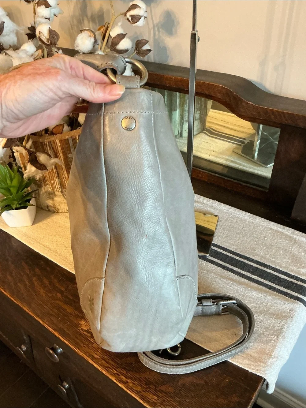 Frye Melissa Leather Hobo Crossbody Bag Ice Light Gray MSRP $388